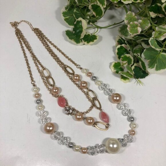 Multilayer Gold Chain Necklace Faux Pearl Crystal Beads Pink Accents Elegant - Picture 4 of 5